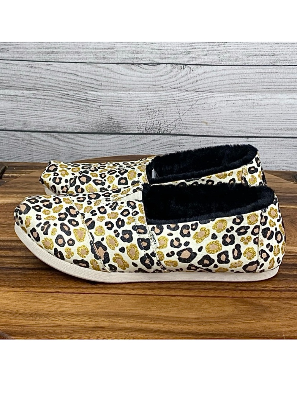 Toms Alpargata Natural Gold Glitter Cheetah Faux Fur Lined Slip On Shoe Size 8.5